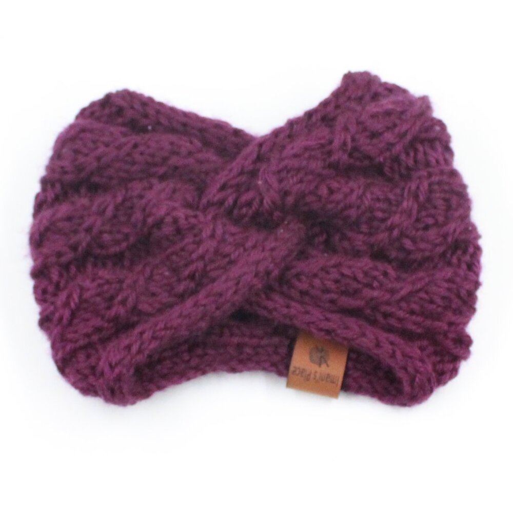Handmade Hand Knit Cotton Candy Cable Knit Rib Knit Purple Ear Warmer for Kids